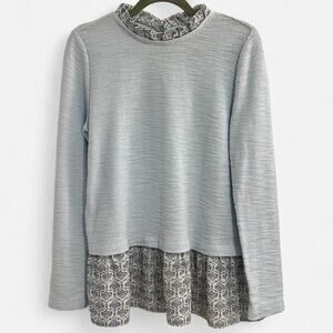 LOFT Baby Blue Tweed Textured Blouse with Ruffled Layers